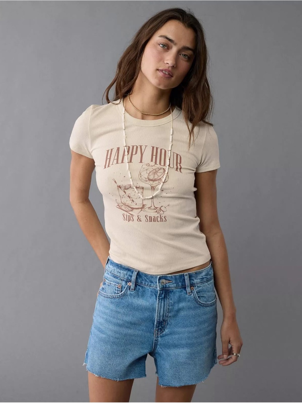 American Eagle Outfitters Cream 'Happy Hour' Graphic Ribbed Tee